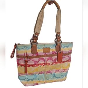 Coach Hampton Multi Watercolor Signature Canvas And Leather Shoulder Bag GUC